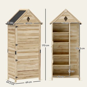 Outsunny Gartenschrank aus Tannenholz, naturbelassen, mit Maßen. Werkzeugschrank mit Regalen.