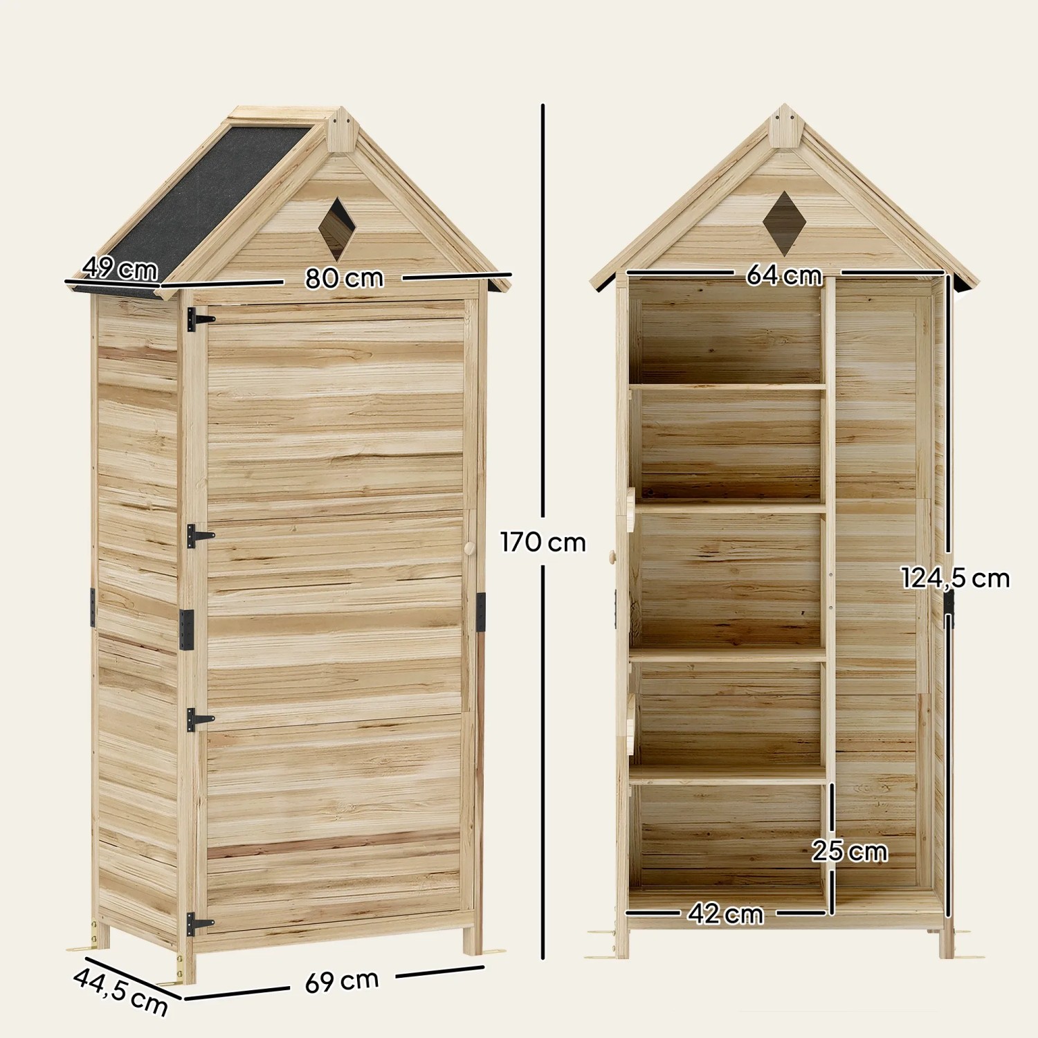 Outsunny Gartenschrank aus Tannenholz, naturbelassen, mit Maßen. Werkzeugschrank mit Regalen.