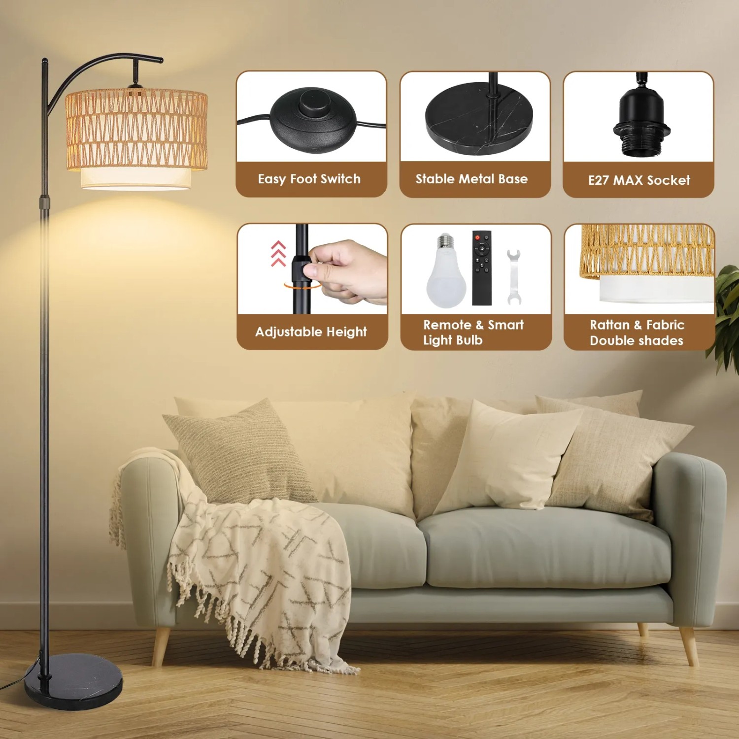 CCLIFE Stehlampe Bogenlampe LED E27 60W Höhenverstellbar 160cm-175cm Beige_3