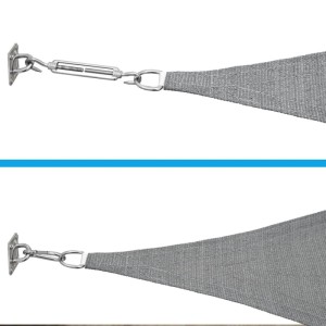Edelstahl Schwerlast Befestigung für Sonnensegel: Spannschraube und Karabinerhaken am grauen Segel.