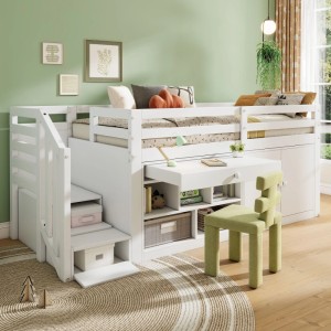 Merax Kinderbett 90 x 200 cm mit Treppe Stauraum Schreibtisch Weiß
