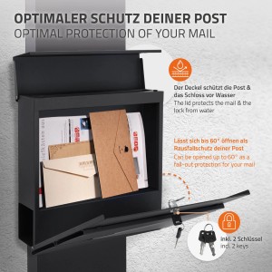 ML-Design Standbriefkasten Anthrazit-Silber mit Zeitungsfach und Pfosten, Ansicht mit geöffneter Klappe und Schlüsseln.
