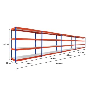 PROREGAL Mega Deal 4x Schwerlastregal Dino HxBxT 180x200x60cm 4 Melamin-Ebenen 16mm Fachlast 500kg Blau/Orange
