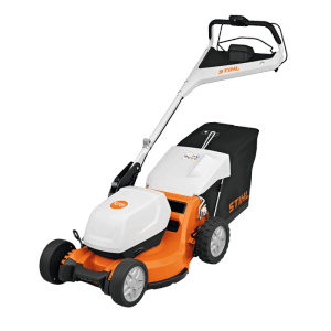 Stihl Akku-Rasenmäher RMA 750 V in Orange-Grau mit Fangkorb und Mono-Komfortlenker.