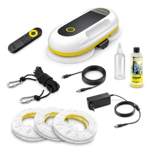 Kärcher Fensterputzroboter RCW 2 Set: Roboter, Fernbedienung, Sicherheitsseil, Ladegerät, Reinigungsmittel, Wischpads.