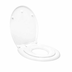 Weißer WC-Sitz mit integriertem Kindersitz und SoftClose. Robuster Duroplast für Familien-WCs.