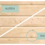 Detailansicht Karibu Pavillon: Vergleich der Holzoberfläche innen und außen.
