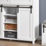 Weißes SoBuy Sideboard FSB74-W mit Schiebetür, teilweise geöffnet und mit Deko.