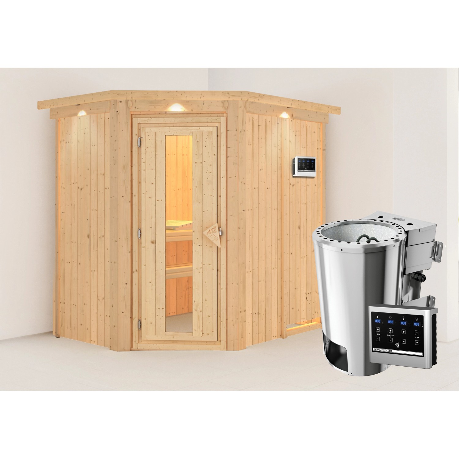 Karibu Sauna Silva mit Bio-Ofen externe Stg.Easy LED-Dachkranz Natur