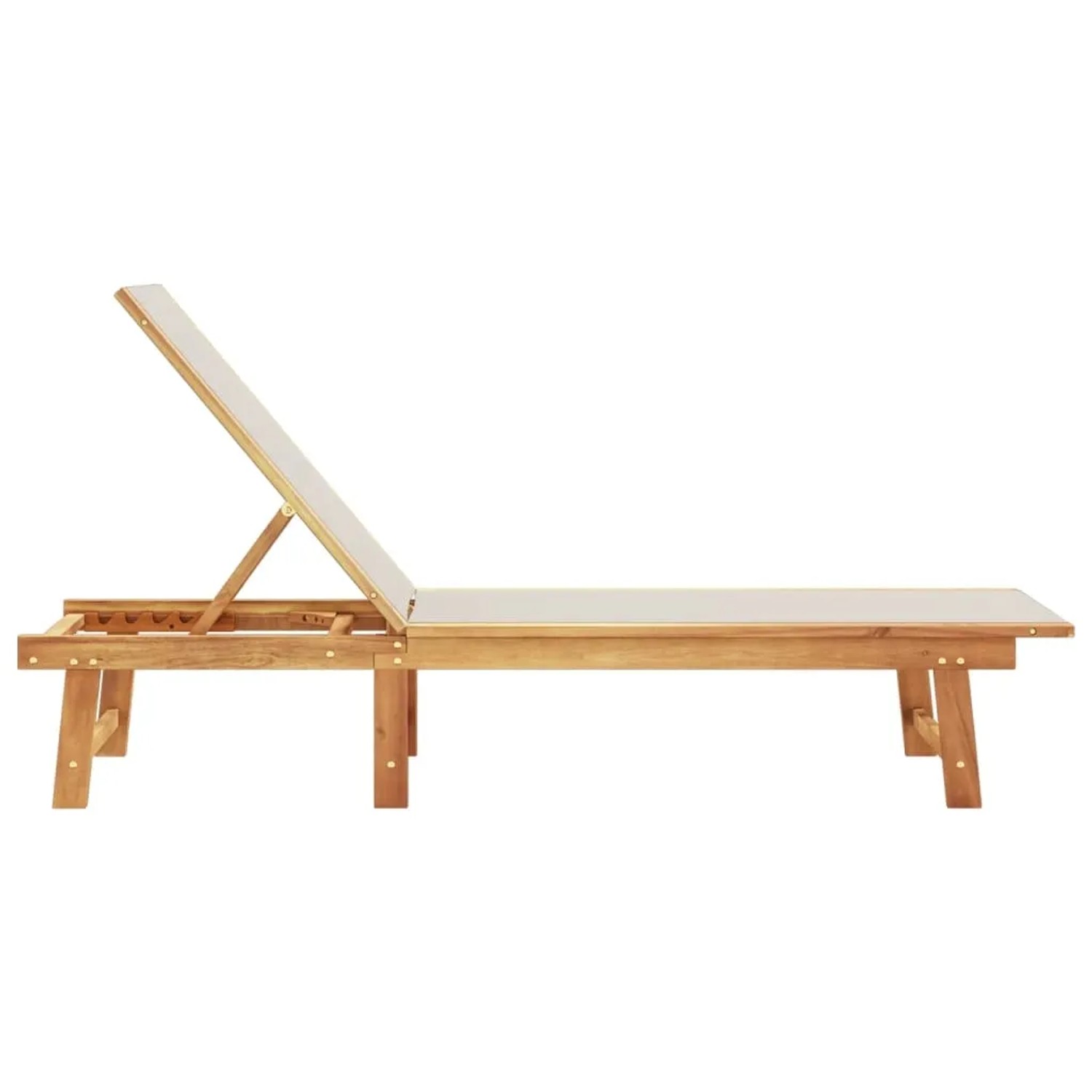 Graue Sonnenliege aus Akazienholz und Textilene mit verstellbarer Rückenlehne.