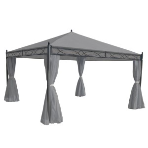 Helle, graue MCW Pergola Calpe 4x4m mit Dach und Seitenteilen. Terrassenüberdachung mit Windschutz.