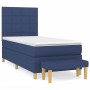 Blaues Boxspringbett (100x200 cm) mit Matratze, Kopfteil und Bank. Stoffbezug.