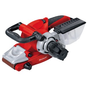 Einhell Bandschleifer TE-BS 8540 E mit Staubfangbox und Schleifband. Rote Schleifmaschine für hohe Abtragsleistung.