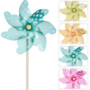 Windrad Gartendeko in Blau, Pink, Orange und Grün mit Punktmuster.