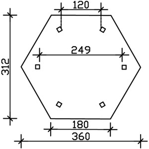 Grundriss Skan Holz Pavillon Colmar Größe 1, sechseckig, mit Maßangaben.