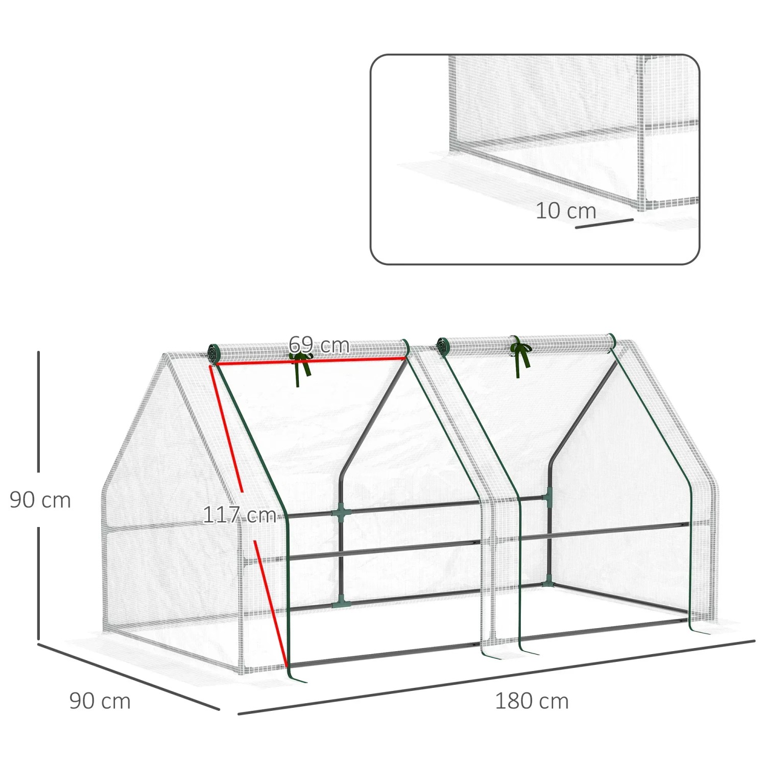 Outsunny Gewächshaus mit Rollfenster, PE-Folie, Stahlgestell, weiße Folie, Maße eingezeichnet.