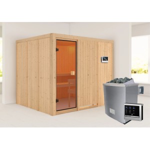 Karibu Massivholzsauna Nybro mit bronzierter Glastür, 9 kW Ofen und externer Steuerung.