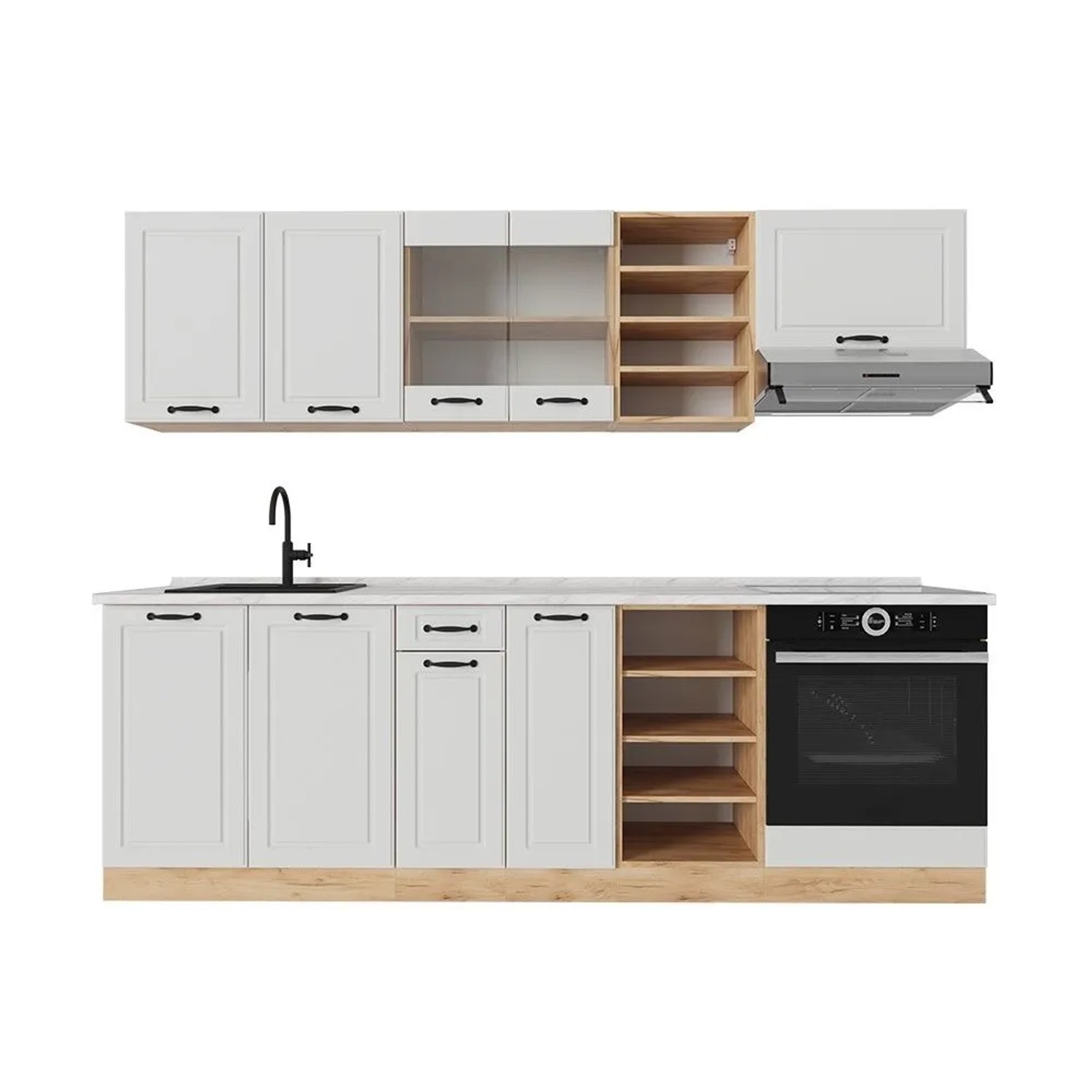Vicco R-Line Küchenzeile Weiß Landhaus Goldkraft Eiche 240 cm AP Marmor ohne E-Geräte