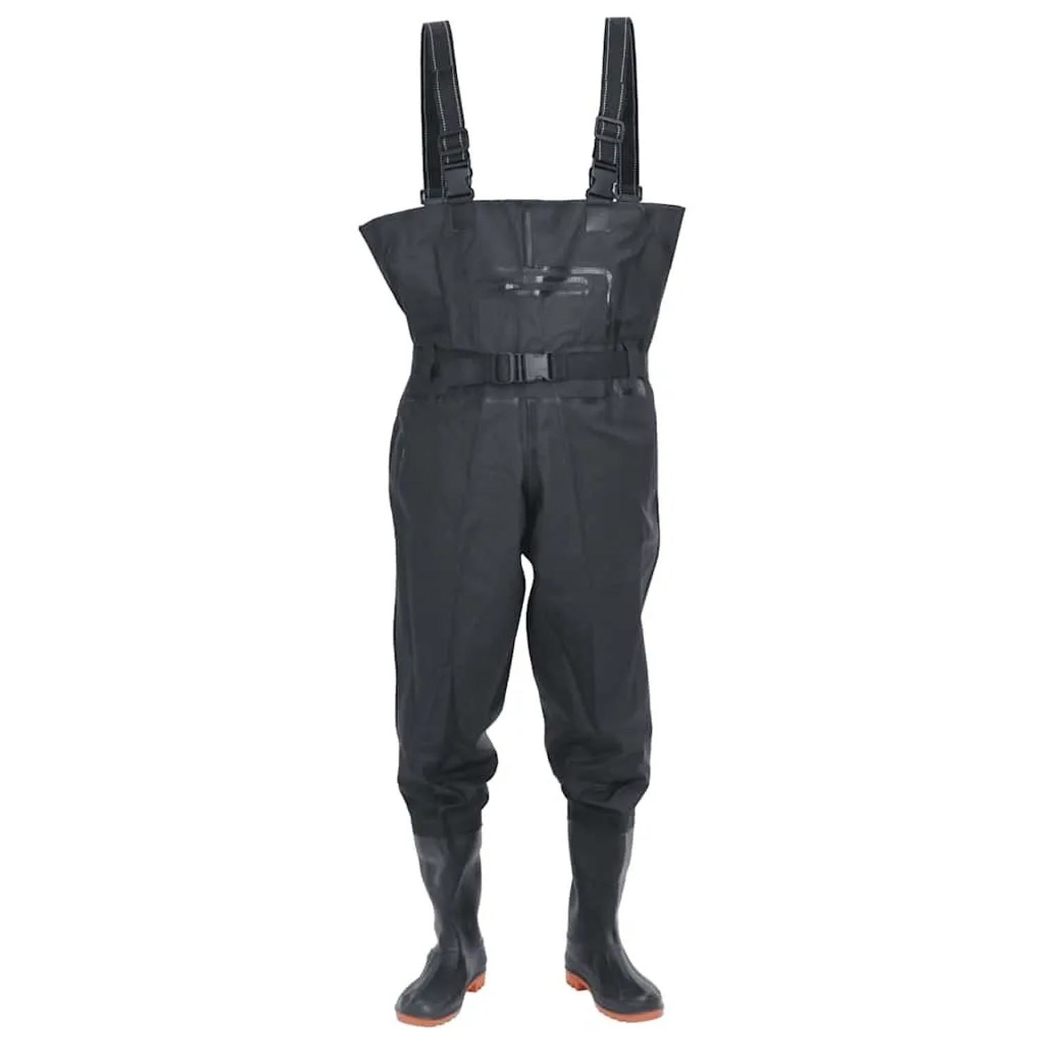 Schwarze vidaXL Wathose Gr. 46 mit Stiefeln und Gürtel für Arbeit und Freizeit.