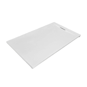 Weiße Frascio Duschwanne 80x100 cm aus Marmorharz mit Steinoptik und Ablaufgitter.