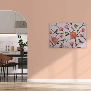 Buntes Leinwandbild mit Blumen und Vögeln (Magnolien, Meisen) als Wanddekoration.