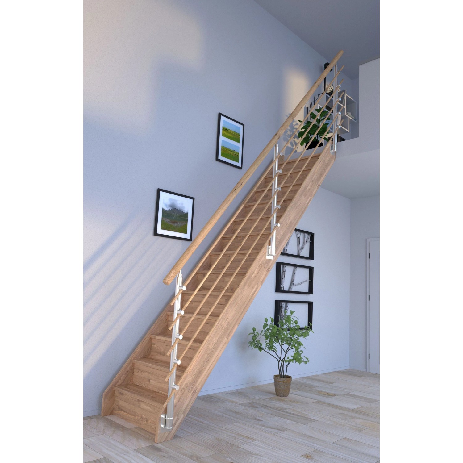 StarWood Treppe Rhodos Eiche, gerade, mit Design-Geländer und Setzstufen. FSC®-zertifiziert.