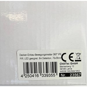 ChiliTec Decken Einbau Bewegungsmelder Ip65 Pir Weiss