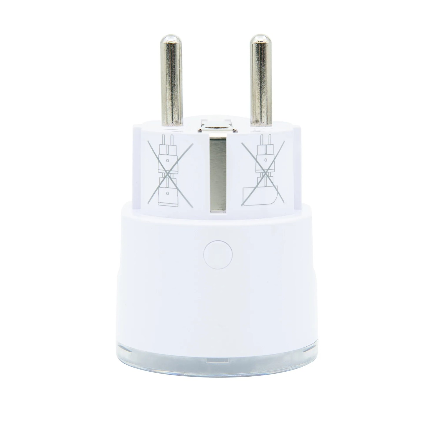 Weißer Shelly Smart-Stecker Plug S Gen3 zur Hausautomation, Nahansicht.