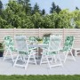 6 Hochlehner Auflagen mit Blattmuster auf Gartenstühlen.