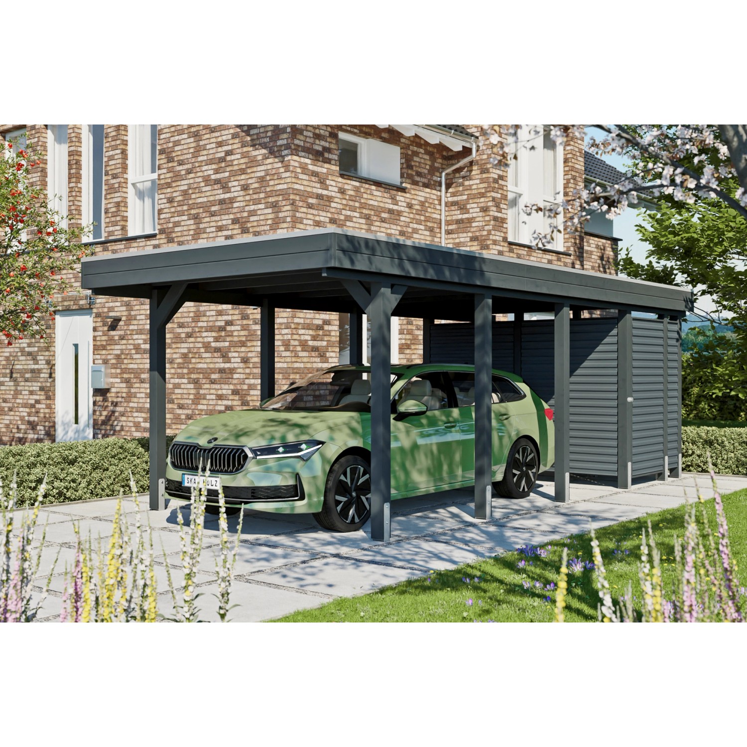 Anthrazitfarbener Skan Holz Carport Friesland Hybrid mit Abstellraum und Auto.