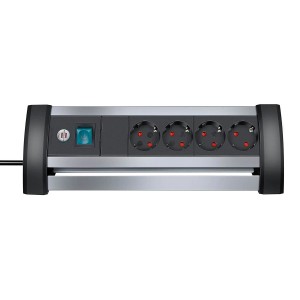 Brennenstuhl Alu-Office-Line Steckdosenleiste, 4-fach, Silber-Schwarz, mit Schalter und Kindersicherung.