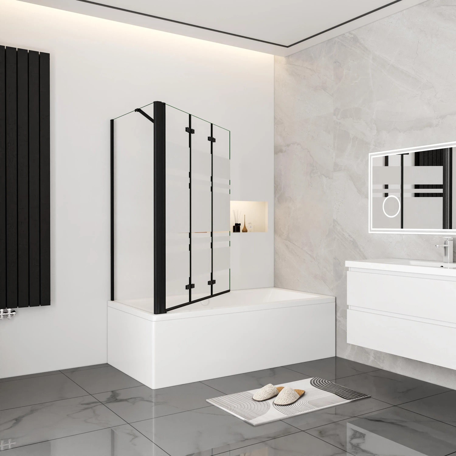 AICA Faltwand, 130cm, schwarz, 3-teilig mit 70cm Seitewand, 6mm Nano ESG Glas für Badewanne.