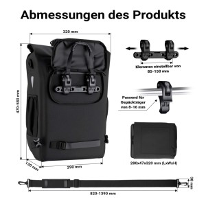 Wiltec Gepäckträgertasche schwarz 20L: Maße der Fahrradtasche, Rucksack, Befestigung, Laptopfach und Schultergurt.
