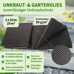 TTL GARDEN Unkrautvlies 50g/m² 2x10m 20m² Schwarz Gartenvlies Mulchvlies UV-stabil gegen Unkraut
