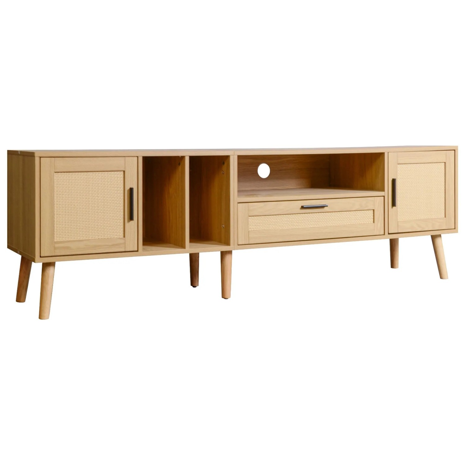 okwish TV Schrank mit Rattan Türen Schublade Massivholz Beine 180x40x50cm Braun