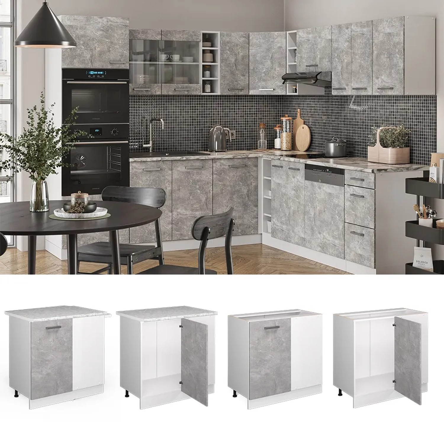 Vicco Eckunterschrank R-Line, Beton/Weiß, Eiche Arbeitsplatte, 86 cm. Küchen Eckschrank für mehr Stauraum.