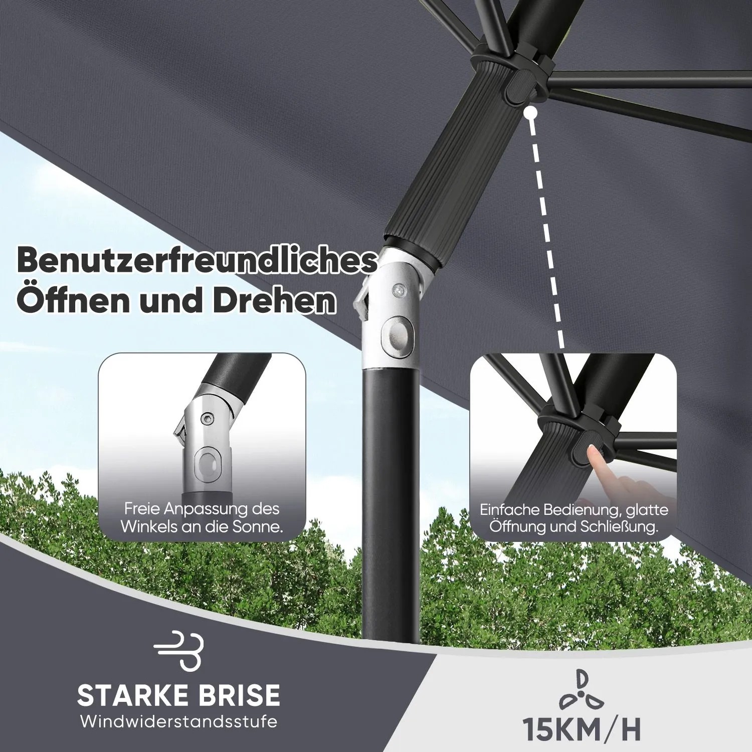 Detailaufnahme: Sekey Balkonschirm, rechteckig, höhenverstellbar, einfache Bedienung.