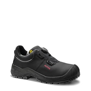 Schwarzer Elten Sicherheitshalbschuh Laurenzo Boa Low ESD S3, Größe 44, mit Boa-Verschluss.