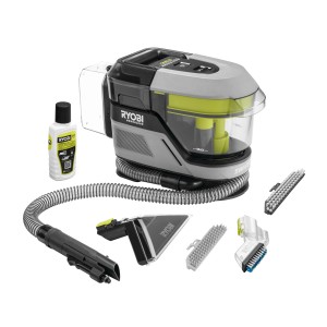 Ryobi Akku-Textilreiniger RDC18BL-0 mit Zubehör und Reinigungsmittel.