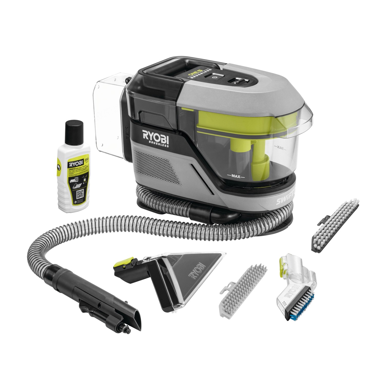 Ryobi Akku-Textilreiniger RDC18BL-0 mit Zubehör und Reinigungsmittel.