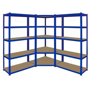 Blaues Eckregal-Set: Monstershop T-Rax mit 5 Böden, ideal für Werkstatt und Lager.