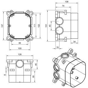 Technische Zeichnung Unterputz-Grundkörper für PaulGurkes Duschsystem, Maße und Details.