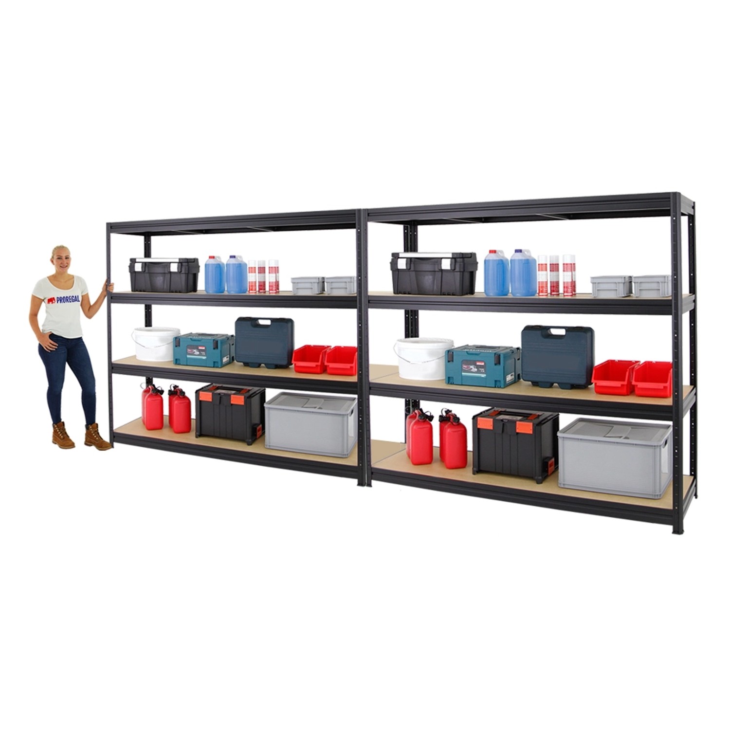 PROREGAL Mega Deal: 2 schwarze Schwerlastregale Dino (180x200x60cm) mit je 4 Böden, belastbar bis 500kg.