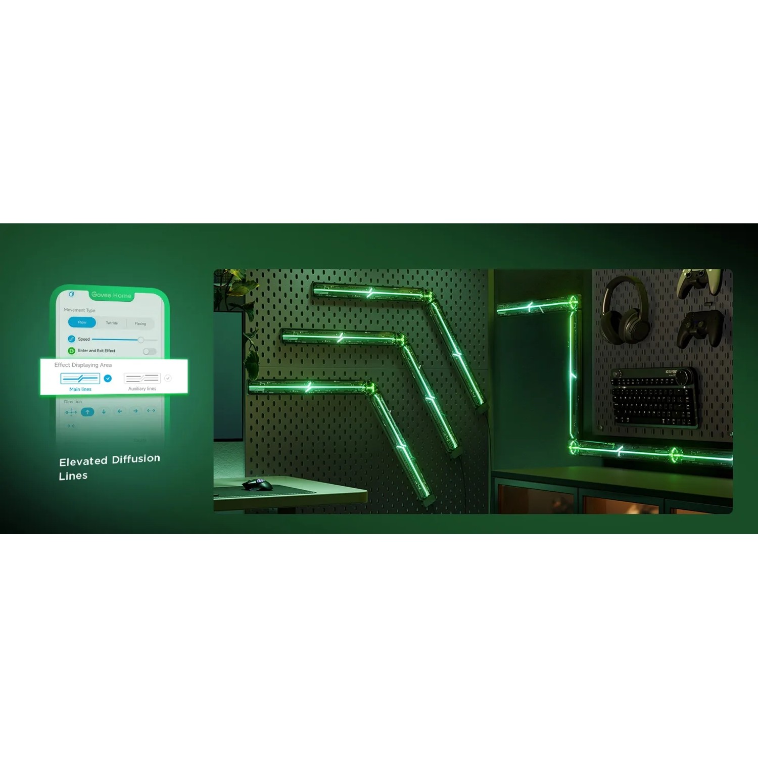 Govee Gaming-Wandleuchten 4+1 H6063 mit grüner Beleuchtung im Gaming-Zimmer.