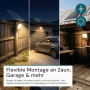 LUXULA LED Solarstrahler an Zaun, Garage und Werkstatt mit Solarpanel.