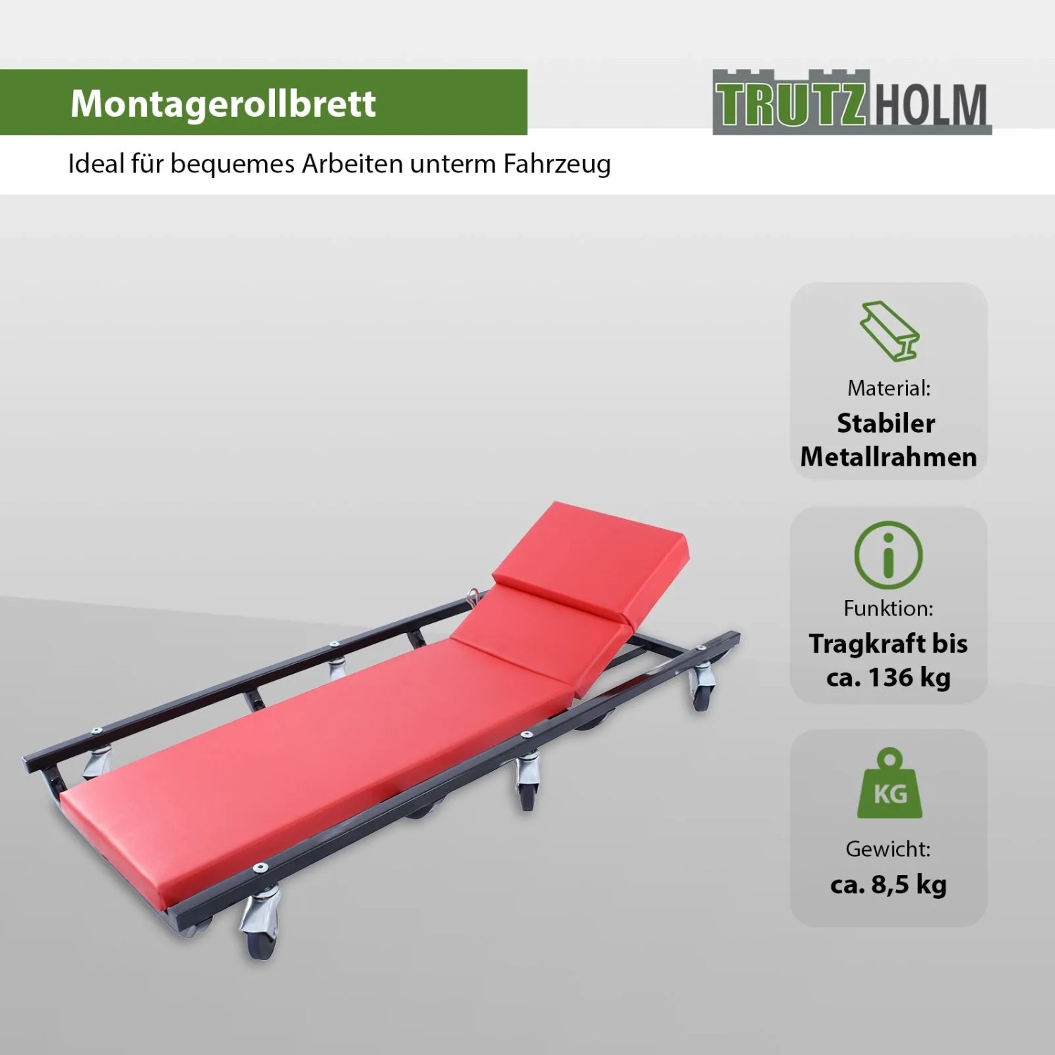 TRUTZHOLM Montageliege 100 cm, Werkstattliege mit Rollen und roter Polsterung.