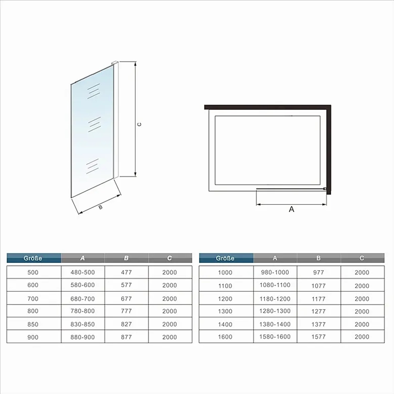 Technische Zeichnung Walk-In Dusche 80x200cm mit Maßen und Größenangaben.