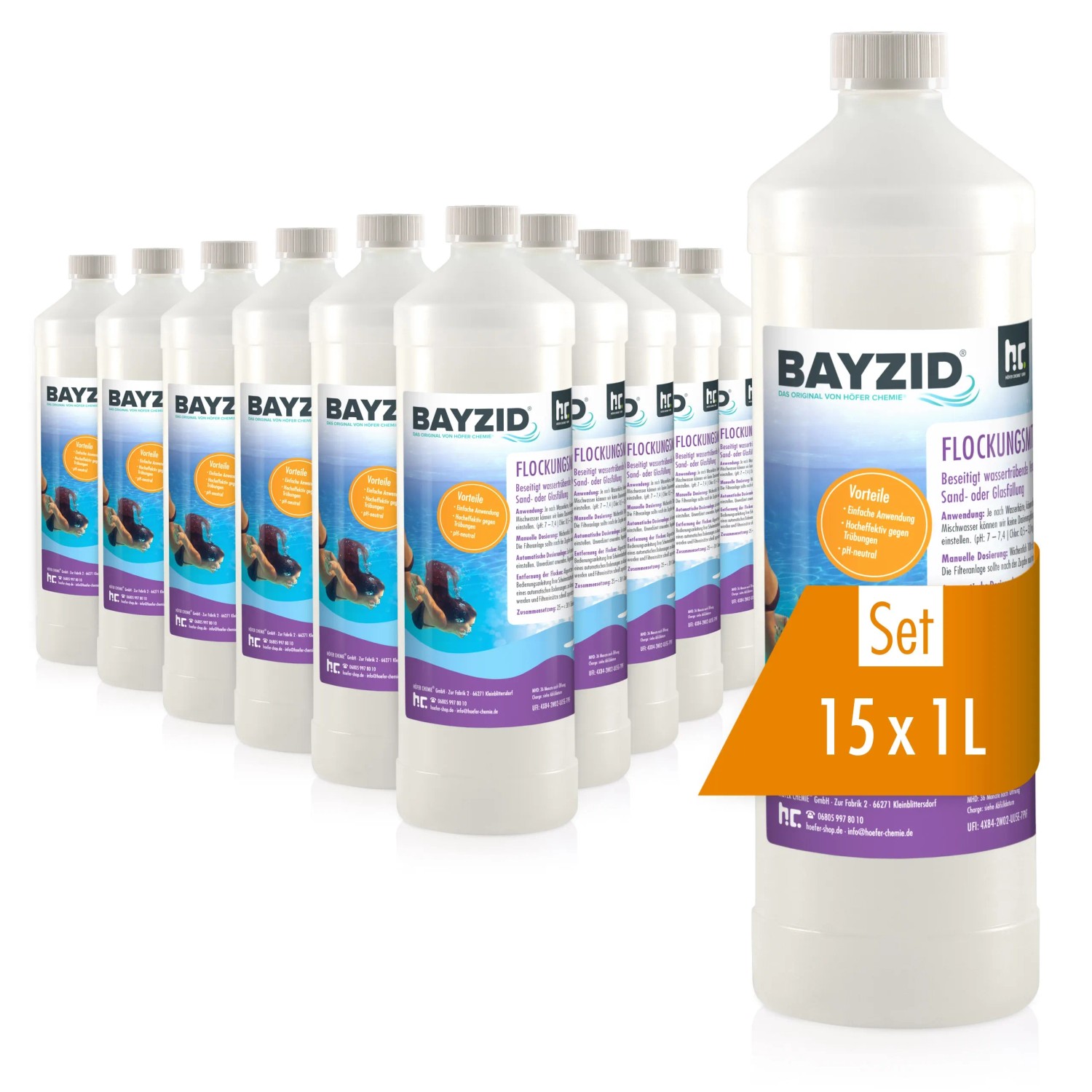 Bayzid Flockungsmittel Flüssig für Pools, 15 x 1 Liter Set zur Poolpflege.