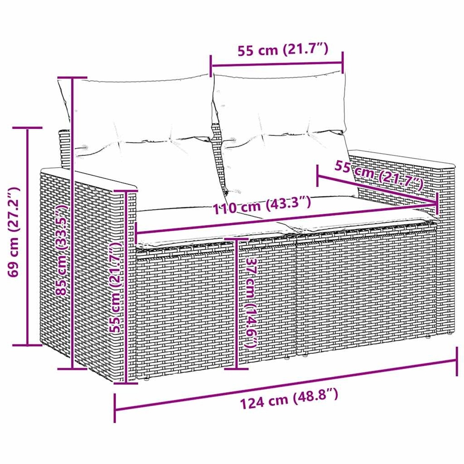 vidaXL Garten-Sofa-Set, 10-tlg., grau, Poly Rattan, mit Maßangaben.
