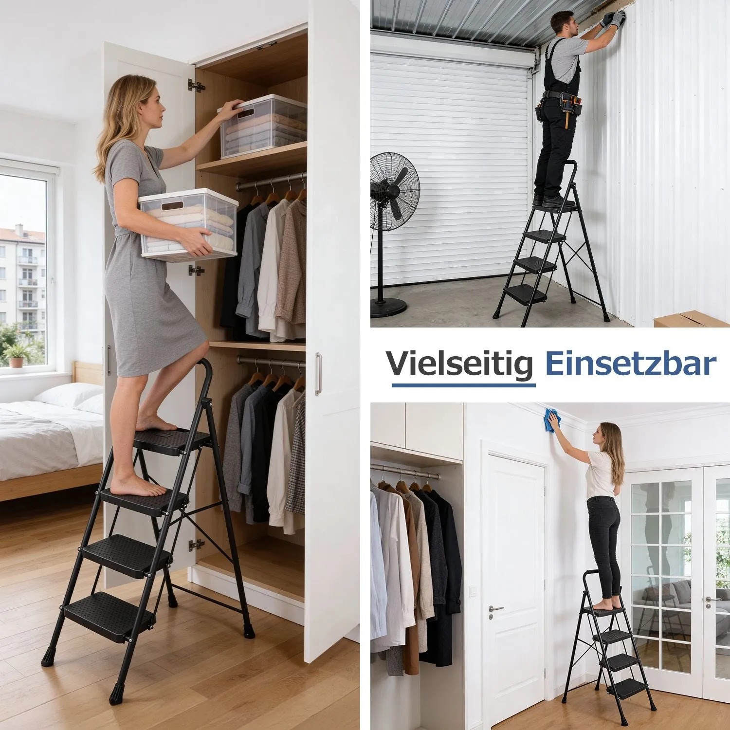 Schwarzer Sekey Klapptritt mit 4 rutschfesten Stufen, faltbar, vielseitig im Haushalt und bei Arbeiten einsetzbar.